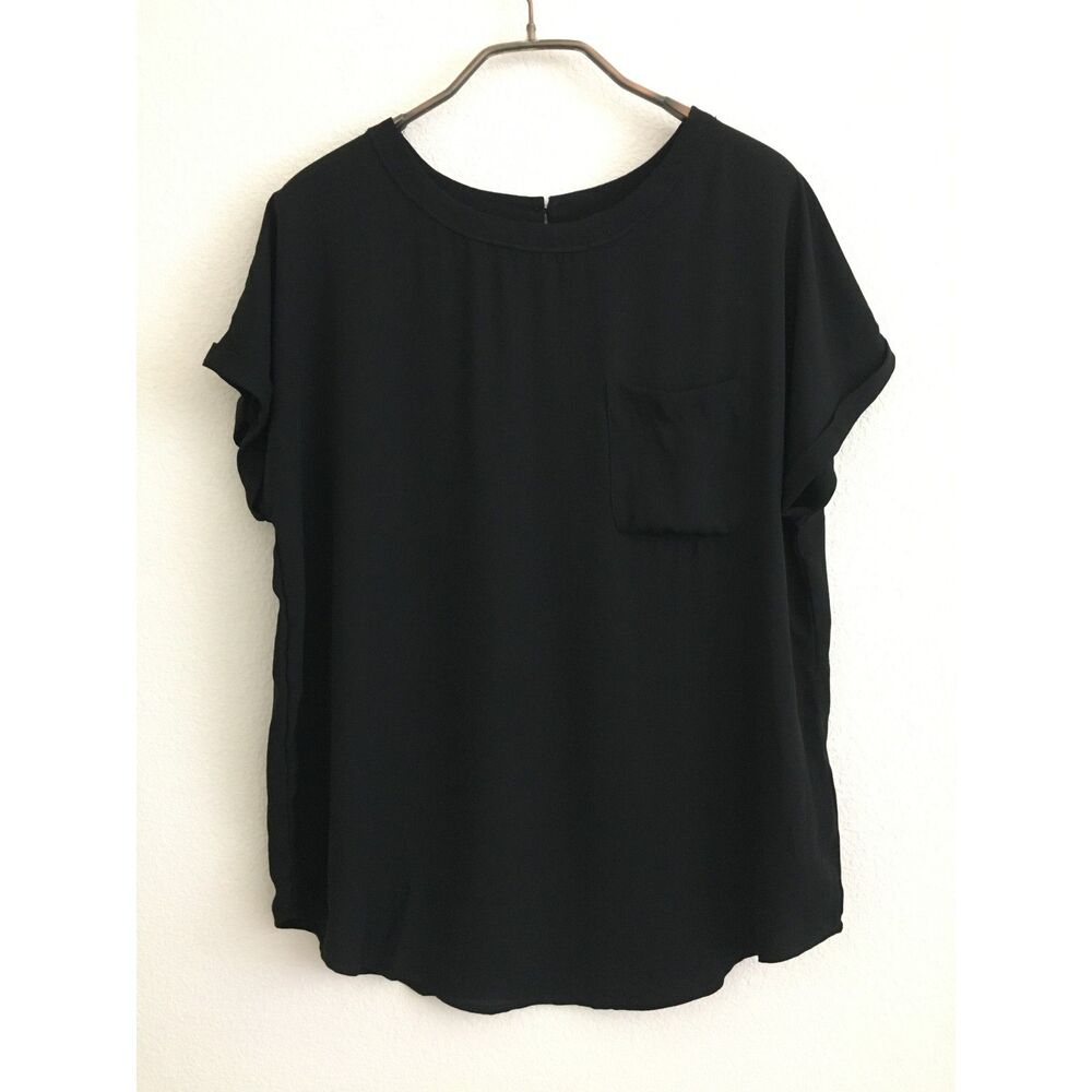 Buffalo David Bitton Blouse Womens M Black Cap Sleeve Pocket Relaxed Fit Top